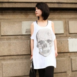 Amanda49 Fashionable Round Neckline Beads Embellished Ghost Pattern Off-Shoulder Sleeves Cotton Blended Long T-Shirt For Women