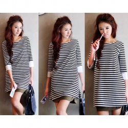 Amanda49 Sweet Stripe Round Neckline Cotton Half Sleeves Blouse--Women's Blouses