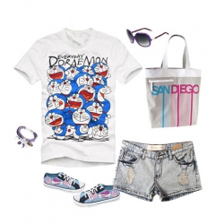 Amanda49 Doraemon's Expression Printed Cotton Short Sleeves Blouse--Women's Blouses