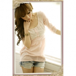 Amanda49 Lace Hook Flower Design Side Zipper Half Sleeve Pink Cotton + Lace Worsted Cloth Blouse for Women