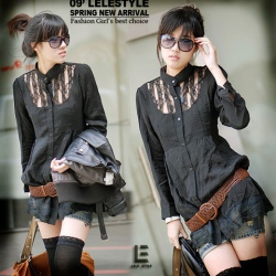 Amanda49 Mesh Design Nitrile Cotton + Lace Black Long Sleeves Blouse--Women's Dresses