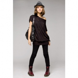 Amanda49 Sexy One-Shoulder Rivet Decorated Cotton Short Sleeves High Elastic Hem Blouse