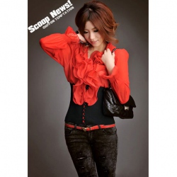 Amanda49 Ruffles Gathered Cotton+Chiffon Red Long Sleeves Blouse--Women's Blouses