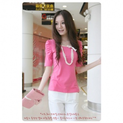 Amanda49 Sweet Style Cotton Rose Red Puffs Half Sleeves Blouse--Women's Blouses