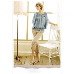 Amanda49 Sweet Elastic Collar Design Batwing Sleeves Mercerized Cotton Blouse Blue