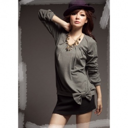Amanda49 Gathered Design Collar Long Sleeves Bowknot Decoration Blouse with Dress Grey