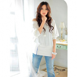 Amanda49 Off-Shoulder Tighting Sleeves White Cotton with Pearl Half Sleeves Blouse--Women's Blouses