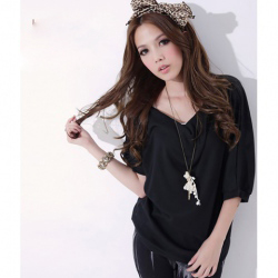 Amanda49 Loose Black Cotton Half Sleeve Blouse--Women's Blouses