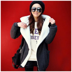 Amanda49 Special Design Side Zipper Large Double Pockets Dark Grey Long Sleeves Fleeces Coat For Women