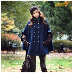 Amanda49 Elegant High Collar Double-Breasted Bat-Wing Royal Blue Sleeves Fleeces Cloak For Women