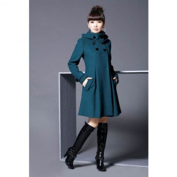 Amanda49 Elegant and Slim Double-Breasted Frills Long Sleeves Worsted Coat For Women