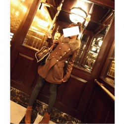 Amanda49 Elegant Dismountable Shearling Double-Breasted Lace-Up Camel Long Sleeves Coat For Women