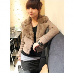 Amanda49 Elegant Zipper Lapel Camel Long Sleeves Coat For Women