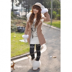 Amanda49 Elegant Shearling Lapel Double-Breasted Dark Khaki Long Sleeves Coat For Women