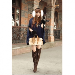 Amanda49 Warm-Keeping and Cute Shearling Bowknot Embellished Navy Quarter Sleeves Hood Cloak For Women