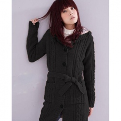 Amanda49 Delicate V-Neck Double-Pocket Lace-Up Long Sleeves Lycra+Cotton Fabric+Woolen Yarn Hood Coat For Women