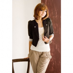 Amanda49 Black Cotton Three-quarters Sleeves One Button Collarless Blazer--Women's Coats