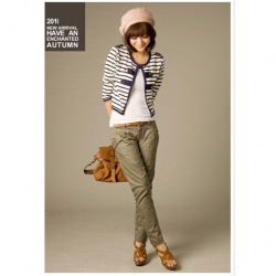 Amanda49 Cotton White and Blue Stripe Three-quarters Sleeves Coat--Women's Coats