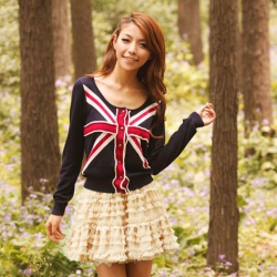 Amanda49 Slim America Flag Style Round Neckline Royal Blue Long Sleeves Cotton Coat For Women