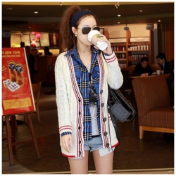 Amanda49 School Style Deep V-Neck Single-Breasted Double Pockets Stripes Hem Long Sleeves Acrylic Coat For Women