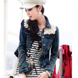 Amanda49 Cool and Lovely Lapel Lace Shoulder Design Single-Breasted Dark Blue Long Sleeves Cotton+Jeans Coat For Women