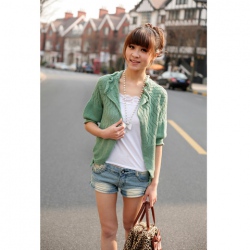 Amanda49 Sweety Round Neckline Frills Hem Openwork Puff Quarter Sleeves Knitting Coat For Women