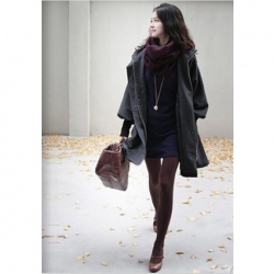 Amanda49 Warm-Keeping Layered Lapel Lace-Up Zipper Puff Long Sleeves Black Fleece Coat For Women