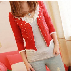 Amanda49 Exquisite Deep V-Neck Dots Patterns Frills Elastic Waist Long Sleeves Knitted Cotton Coat For Women