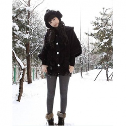 Amanda49 Cute Bear Design Bat-Wing Sleeves Radian Hem Fleece Hood Shawl For Women