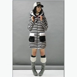 Amanda49 Lovely and Warmly Stripes Pocket Cotton Hood Long Coat For Women