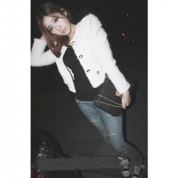 Amanda49 Slim and Fashionable Round Neckline Golden Button Embellished White Puff Sleeves Fleeces Coat For Women
