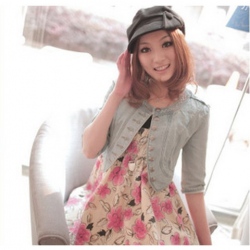 Amanda49 Cool Military Style Round Neckline Blue Quarter Sleeves Jeans Coat For Women