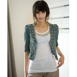 Amanda49 Fashionable Rivets Embellished Blue Quarter Sleeves Jeans Coat For Women