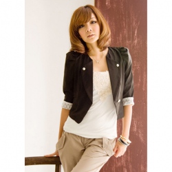 Amanda49 Black Cotton Three-quarters Sleeves One Button Collarless Blazer--Women's Coats