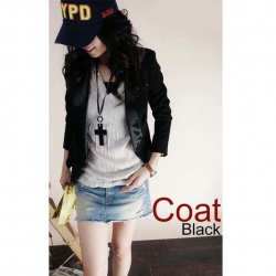 Amanda49 Special Collar Design Pleated Hem Blazer Black Polyester Fiber Long Sleeves Coat--Women's Coat