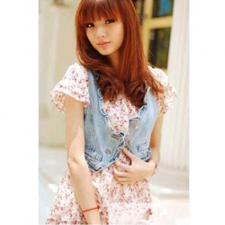 Amanda49 Delicate Round Frill Neckline Light Blue Jeans Waistcoat For Women