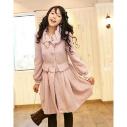 Amanda49 Lady Style Special Collar Design Double Button Frills Puff Pink Long Sleeves Fleeces Coat For Women