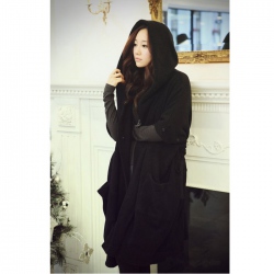 Amanda49 Elegant V-Neck Snap Button Back Lace-Up Black Long Sleeves Woolen Coat For Women