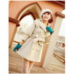 Amanda49 Cute and Elegant Wide Lapel Golden Double-Breasted Lace-Up White Long Sleeves Fleeces Coat For Women