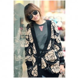 Amanda49 Delicate Deep V-Neck Flower Patterns Long Sleeves Acrylic Coat For Women