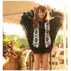 Amanda49 Korea Style National Vertical Patterns Tassel Black Bat-Wing Long Sleeves Acrylic Cloak For Women