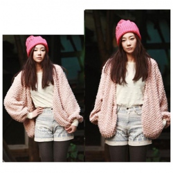 Amanda49 Charming and Cute V-Neck Pink Long Puff Sleeves Fleeces Coat For Women