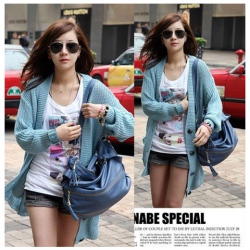 Amanda49 Concise and Leisure Deep V-Neck Double Pocket Blue Long Sleeves Acrylic Coat For Women