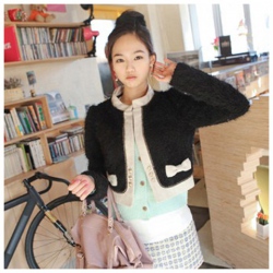 Amanda49 Cute Double-Breasted Embellished Bowknot Decorated White Hem Black Long Sleeves Coat For Women