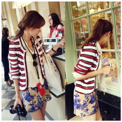 Amanda49 Sweety and Charming Mix Match Round Neckline Stripes Special Pockets Design Red Long Sleeves Acrylic+Fleeces Coat For Women