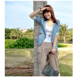 Amanda49 Elegant Mix Match Lapel Lace Sleeves Hem Light Blue Long Sleeves Jeans Western-Style Clothes For Women