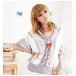 Amanda49 Elegant and Classic V-Neck Series Stripes Bat-Wing Quarter Sleeves Coat For Wom