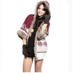 Amanda49 National and Cute Dots Deer Patterns Rough Selvedge Trumpet Quarter Sleeves Acrylic Coat For Women