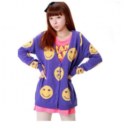 Amanda49 Korea Style Smile Face Patterns V-Neck Single-Breasted Long Sleeves Coat For Women