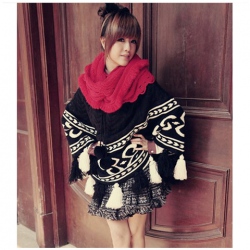 Amanda49 Cute Wool Ball Pendant Poker Patterns Double Color Tassel Black Acrylic Cloak For Women